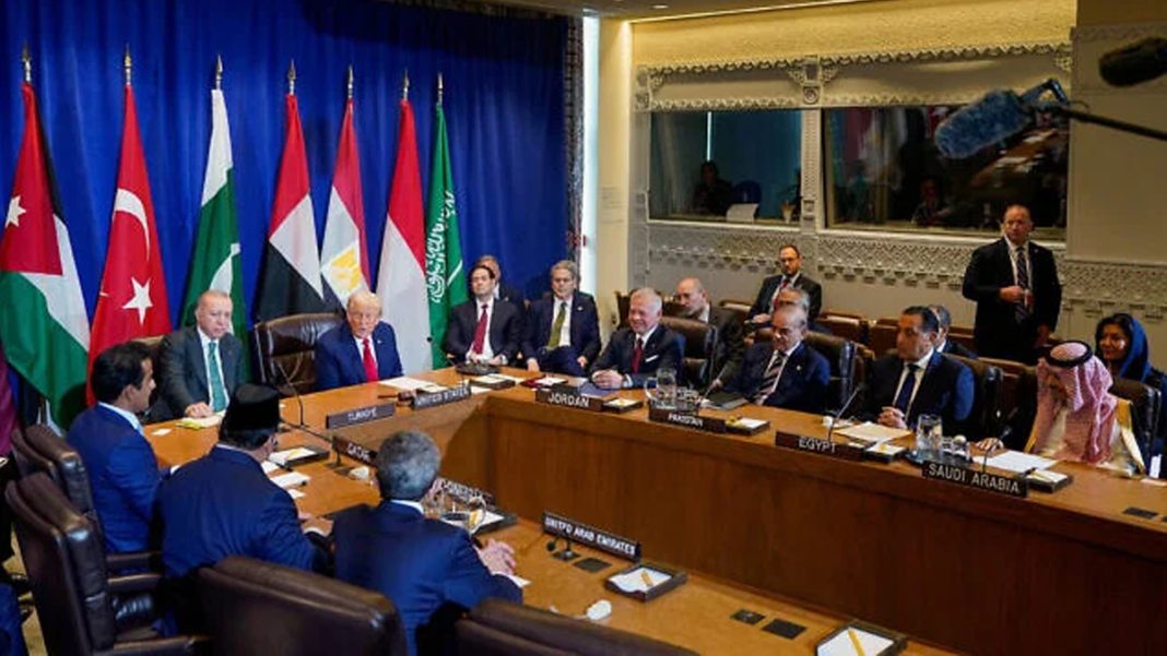 গত বছরের ২৩ সেপ্টেম্বর যুক্তরাষ্ট্রের নিউইয়র্ক সিটিতে জাতিসংঘের সাধারণ পরিষদের ফাঁকে গাজার পরিস্থিতি নিয়ে আরব ও মুসলিম দেশের নেতাদের সঙ্গে বৈঠক করেন মার্কিন প্রেসিডেন্ট ডনাল্ড ট্রাম্প।