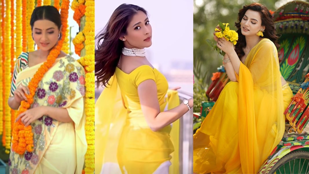 বাঁ থেকে বসন্তের সাজে চিত্রনায়িকা শবনম বুবলী, অভিনেত্রী মেহজাবীন চৌধুরী ও মিম মানতাসা। ছবি: সংগৃহীত