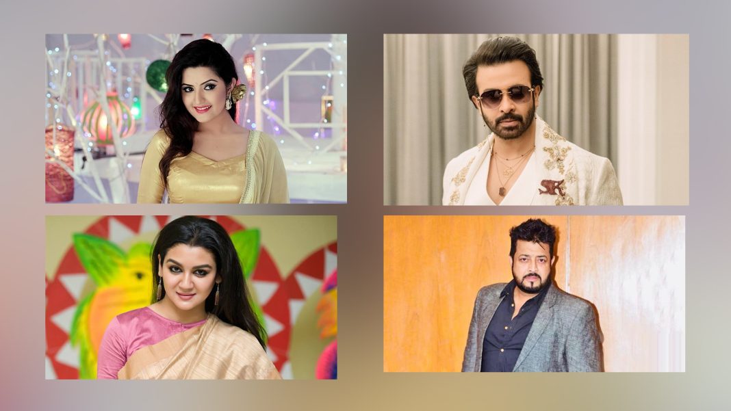 বাঁ থেকে ওপরে পরীমণি- শাকিব খান এবং নিচে জয়া আহসান- ওমর সানী। ছবি: সংগৃহীত