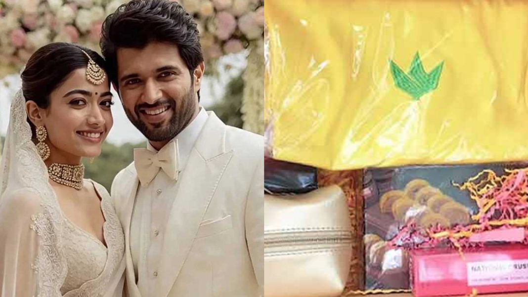 বিজয়-রাশমিকার বিয়ের নিমন্ত্রণপত্রের সাথে উপহারসামগ্রী (ডানে)। ছবি: সংগৃহীত